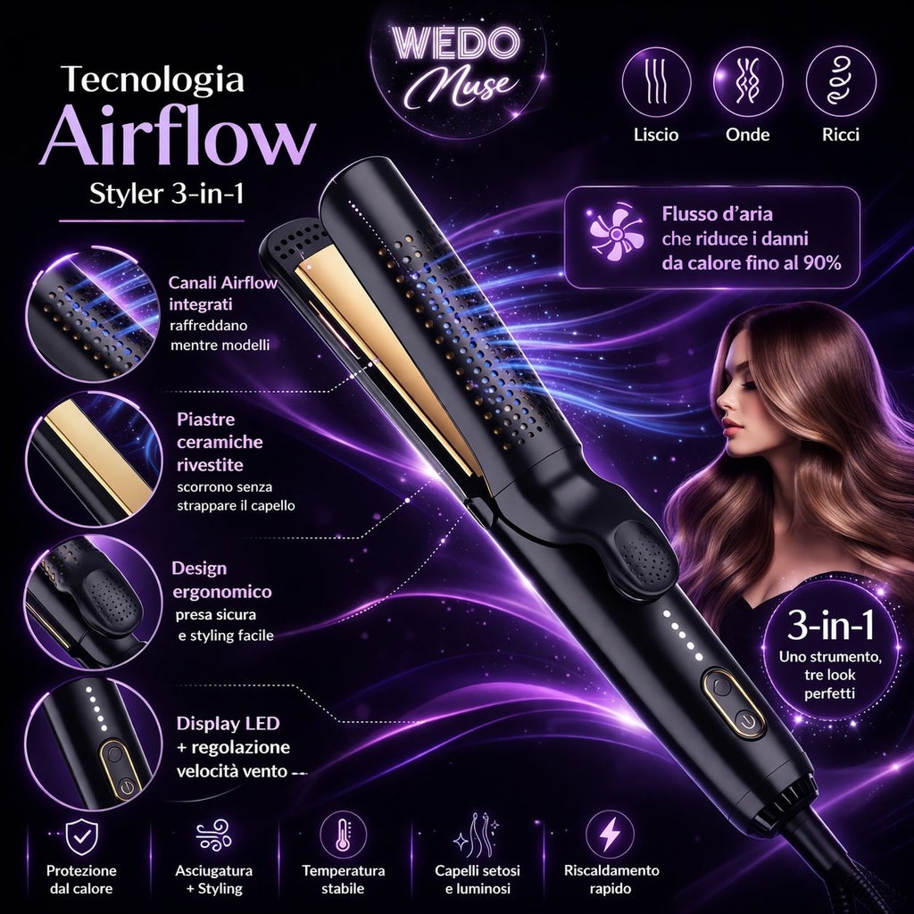Styler Professionale 3-in-1 Airflow: Lisci, Ricci e Onde con Protezione Attiva