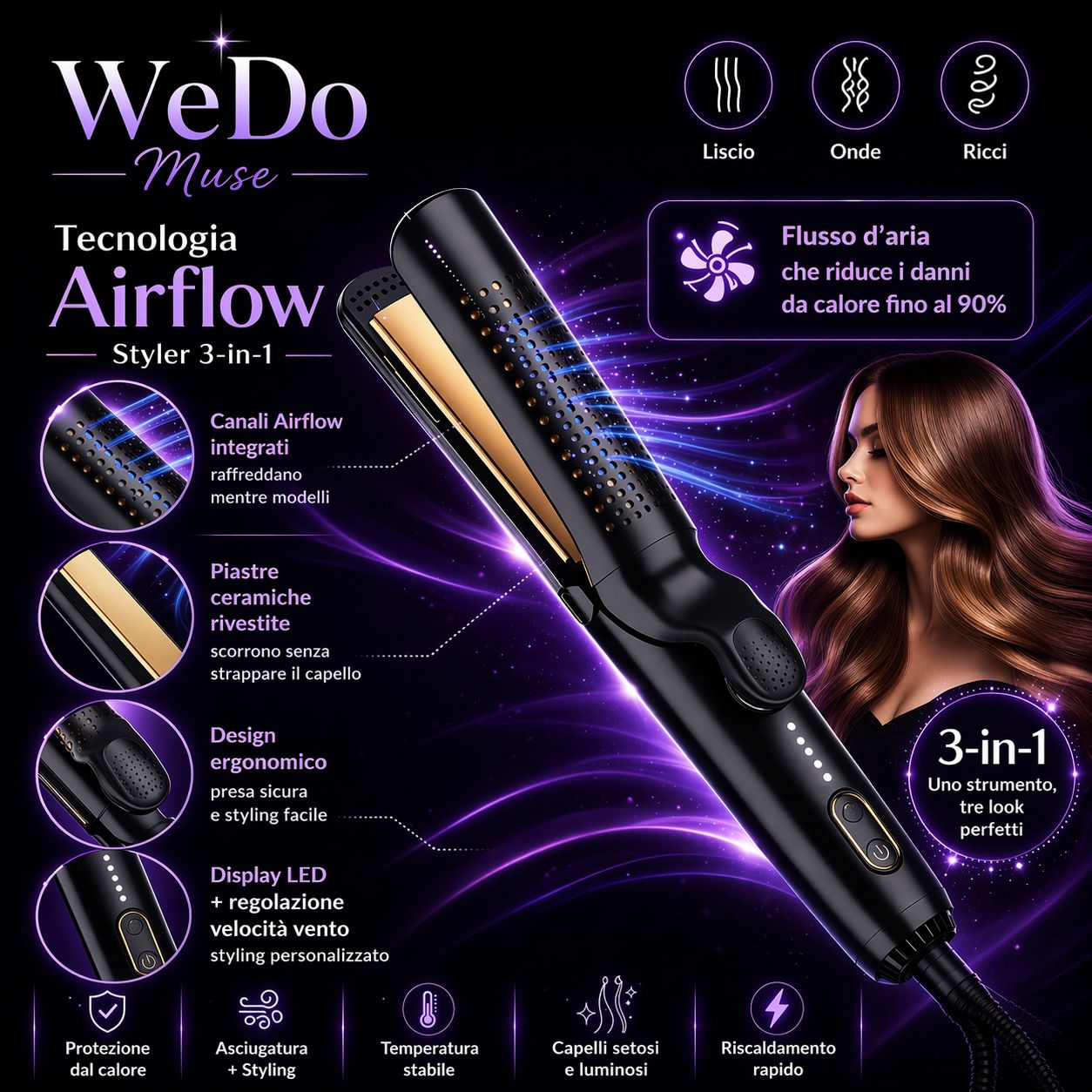 Styler Professionale 3-in-1 Airflow: Lisci, Ricci e Onde con Protezione Attiva